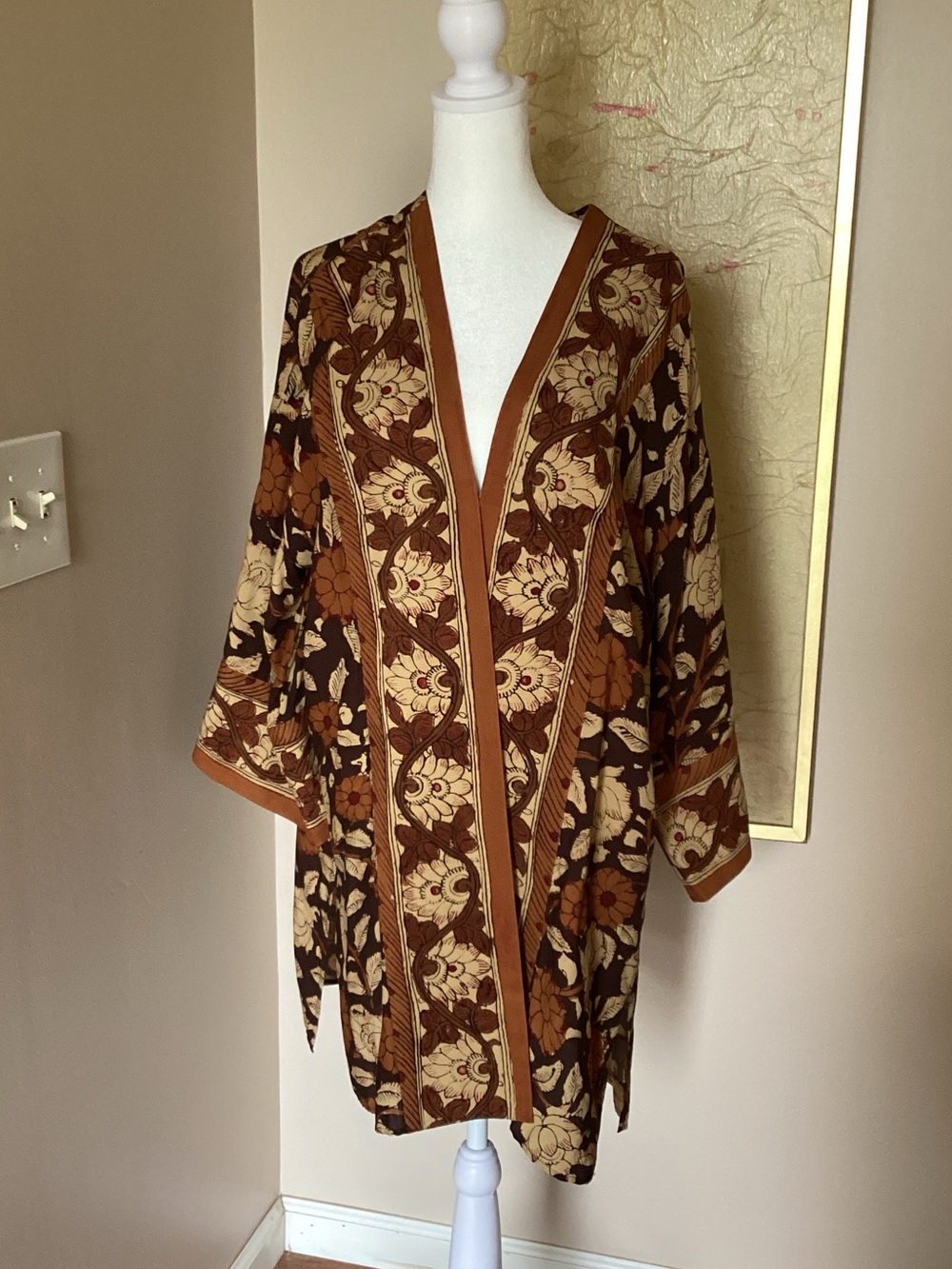 Soft Surroundings Brown and Tan Floral Kimono Jacket